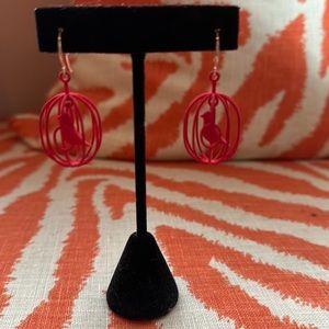 Red bird in a cage dangle earrings